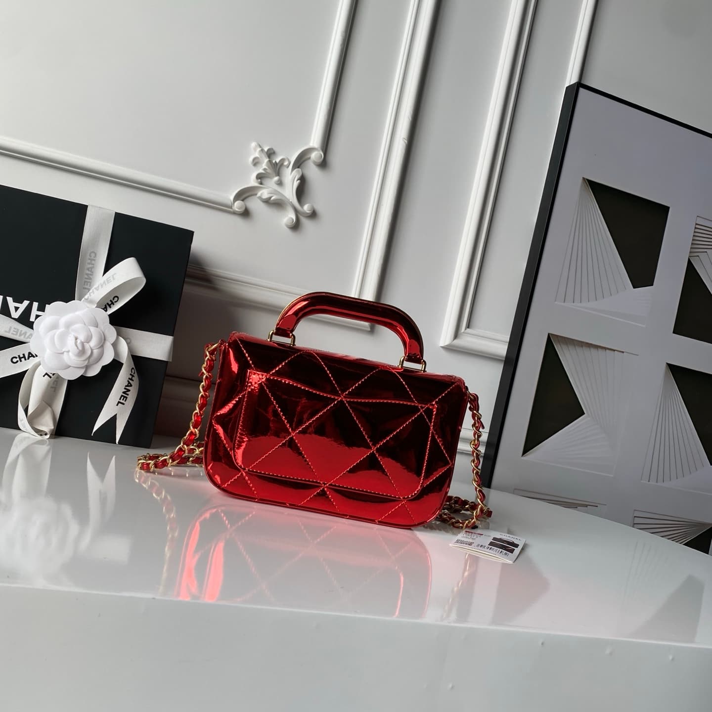 Chanel Mini Flap Bag with Top Handle Metallic Mirror Calfskin& Gold-tone Metal Red AS5805 A