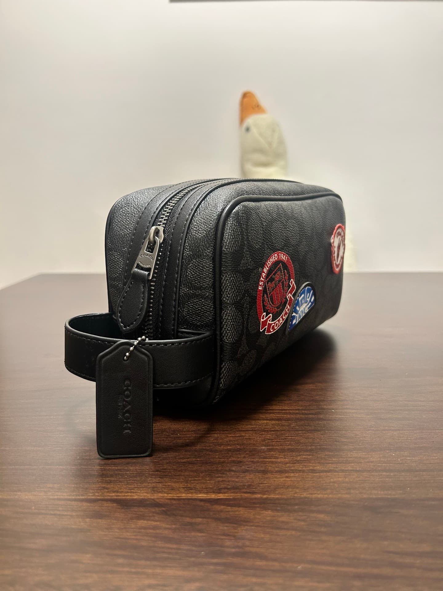 Coach Small Travel Kit in Charcoal Signature Canvas with Decorative Travel Patches High
