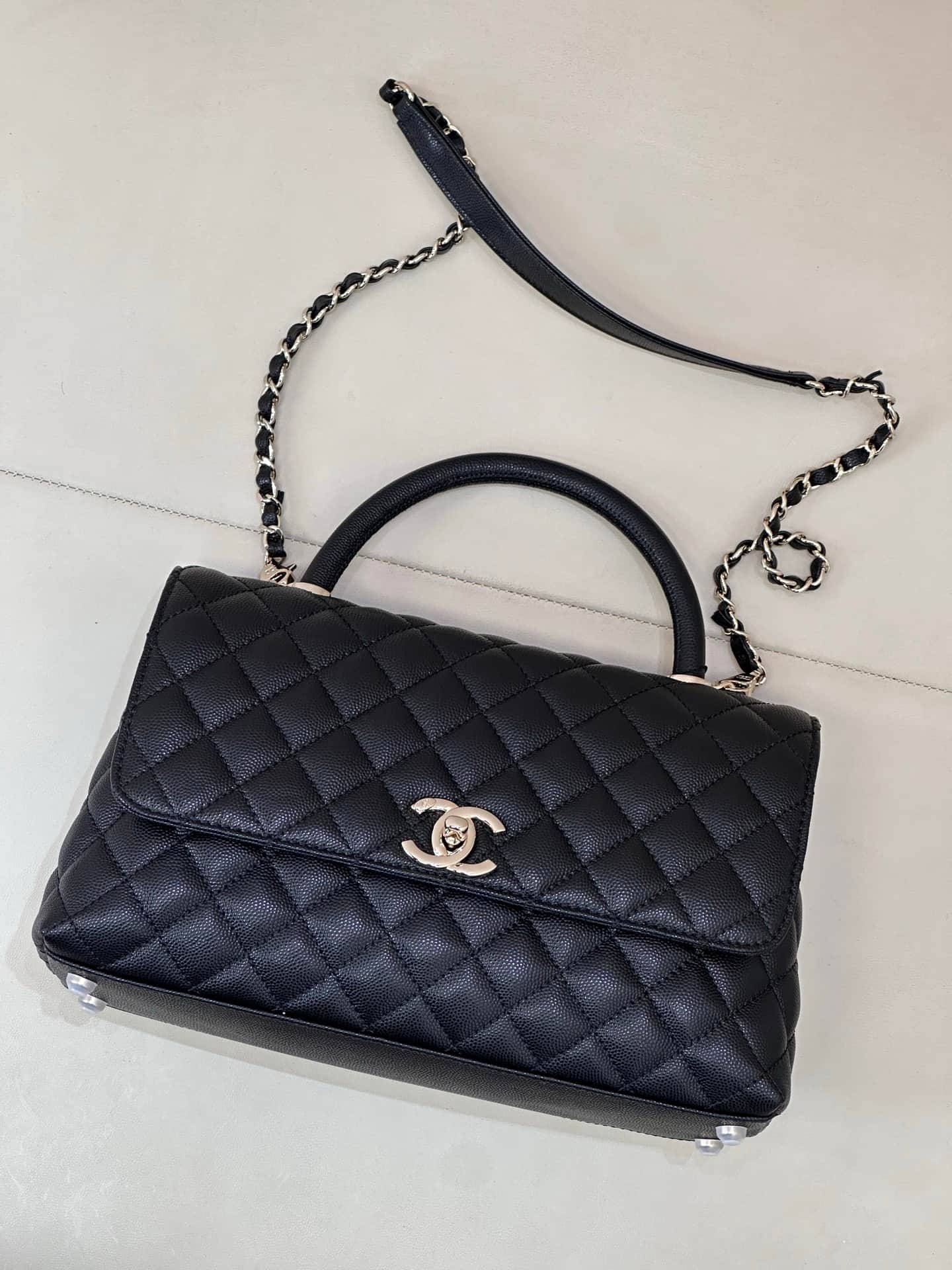 Chanel Medium FLAP BAG WITH TOP HANDLE Grained Calfskin Gold Metal A92991 TOP