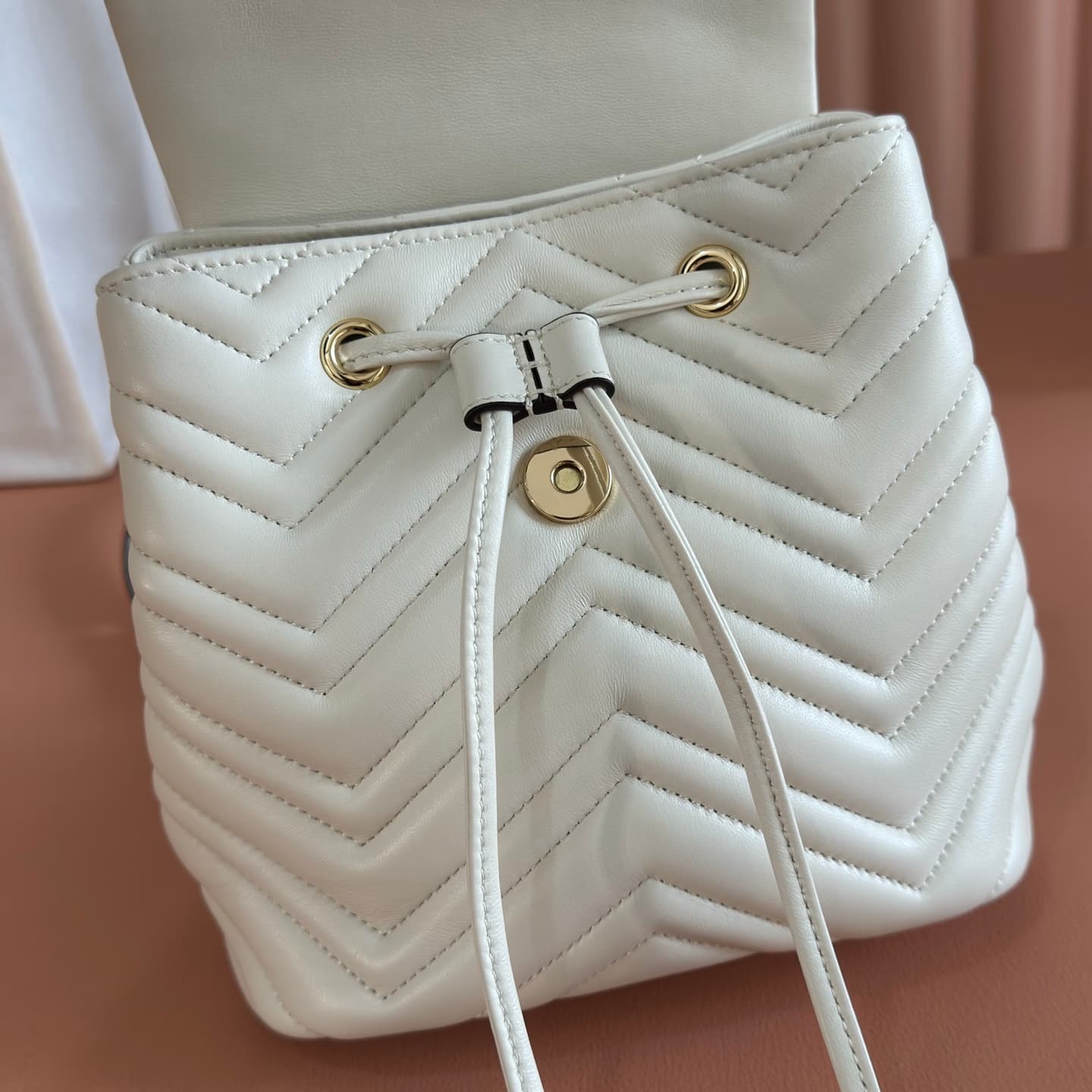 Gucci GG Marmont Mini Backpack White Matelassé Chevron Nappa Leather 855921 High
