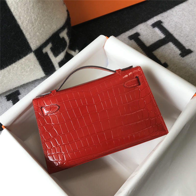 Hermes Kelly Pochette Bag Crocodile Silver/Gold Metal WAX High Customizing Style