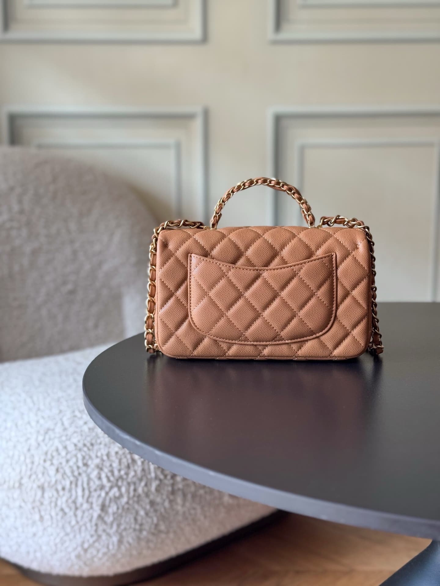 Chanel Mini Flap Bag with Top Handle Grained Shiny Calfskin & Gold-Tone Metal Caramel AS5701 TOP