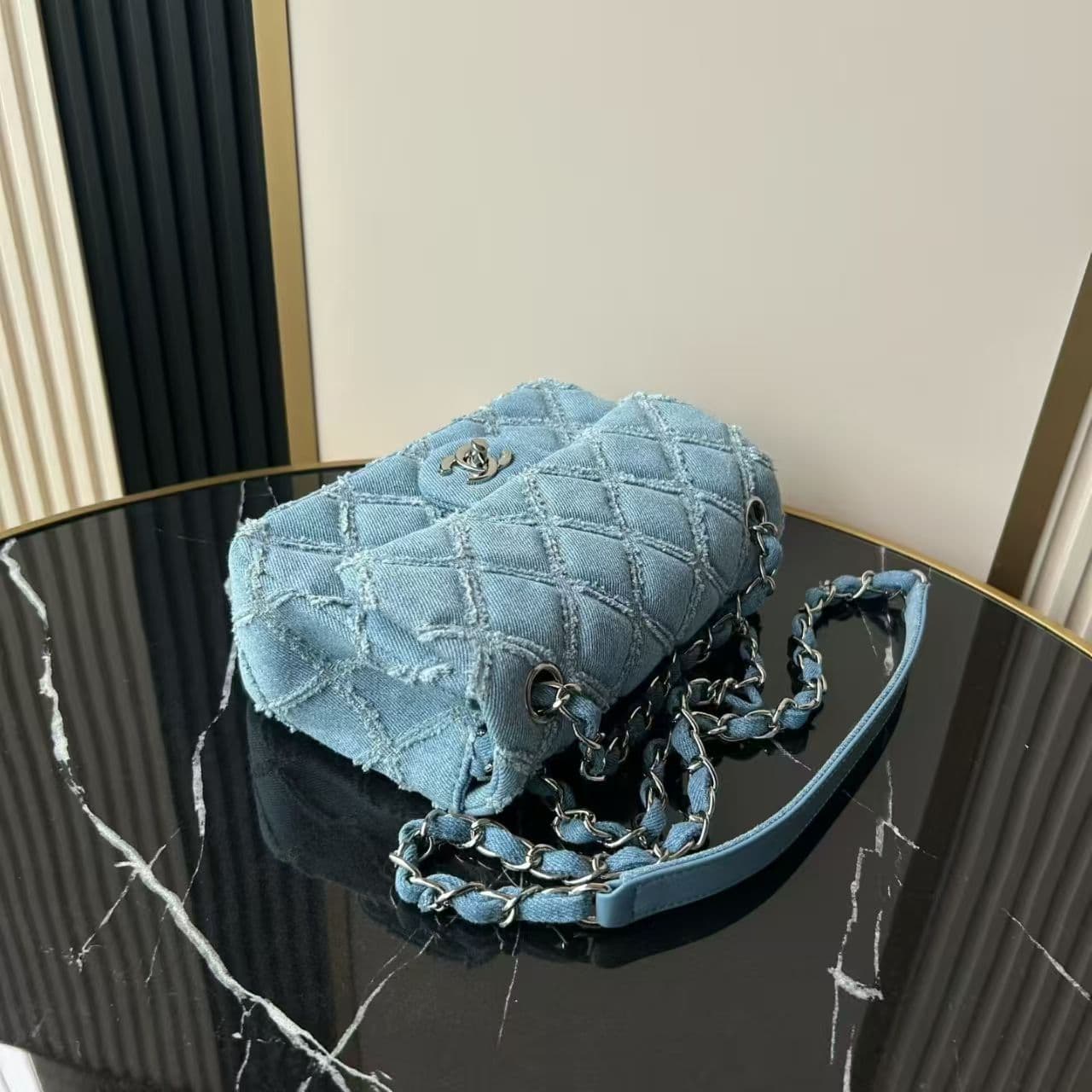 Chanel Mini Flap Bag Distressed Quilted Denim & Silver-Tone Metal Blue A