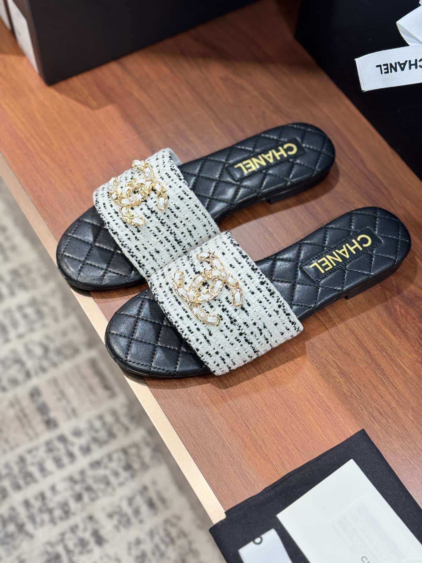 Chanel Tweed CC Chain Mule Sandal Shoes Women