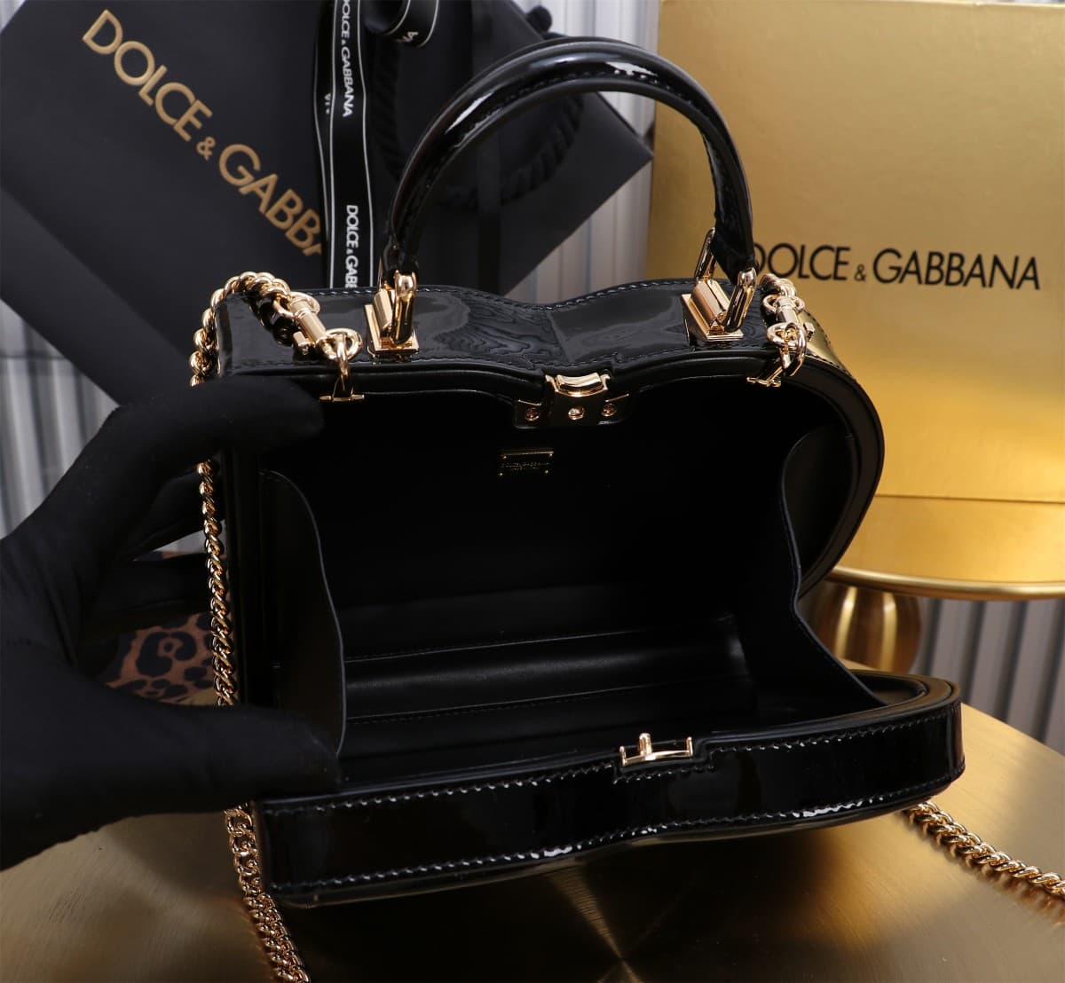 Dolce & Gabbana black patent leather DG Logo handbag high