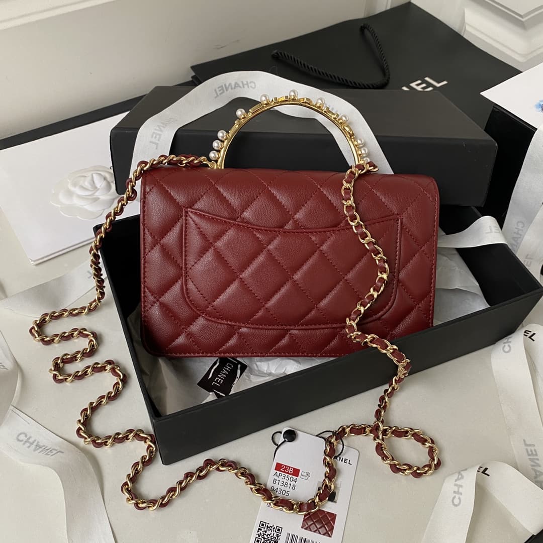 Chanel Wallet on Chain AP3504 Lambskin, Imitation Pearls, Strass & Gold-Tone Metal Burgundy A