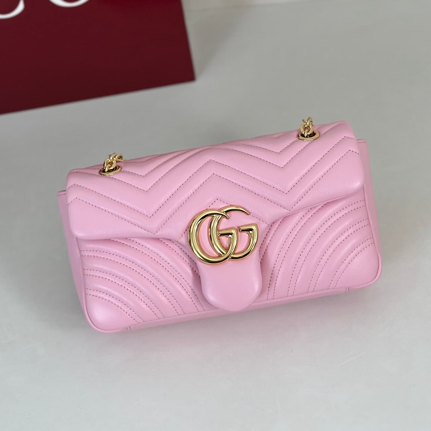 Gucci GG Marmont Medium Shoulder Bag Light Pink Matelassé Chevron Nappa Leather 837267 High