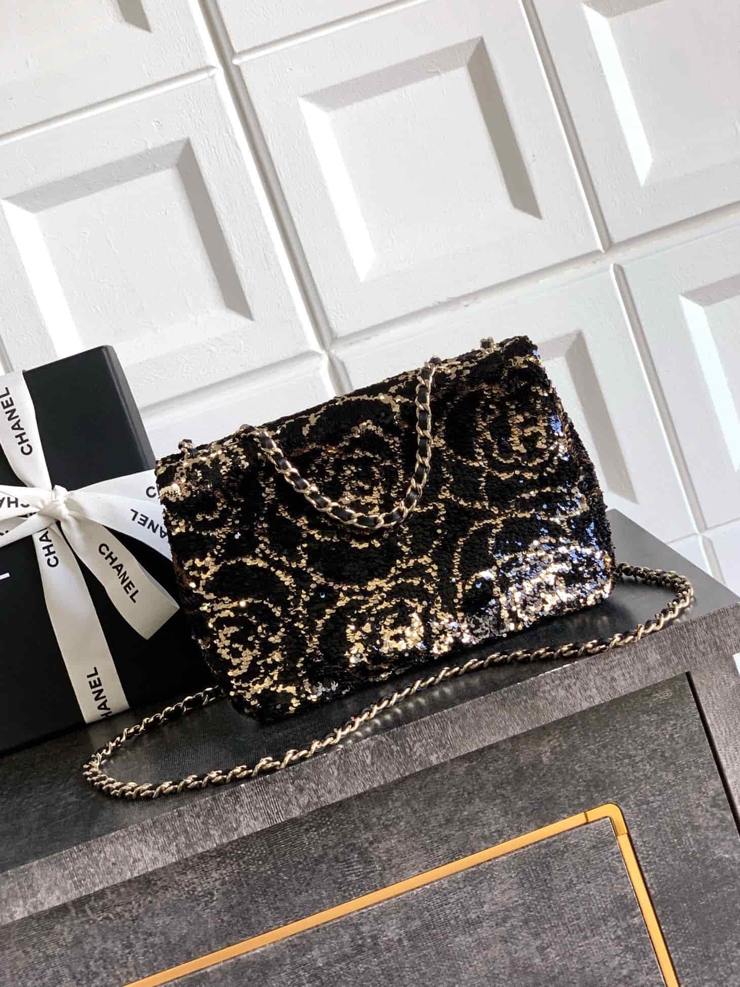 Chanel Classic Mini Flap Bag Sequins With Camellia Motif  & Gold-Tone Metal Black 6171 A