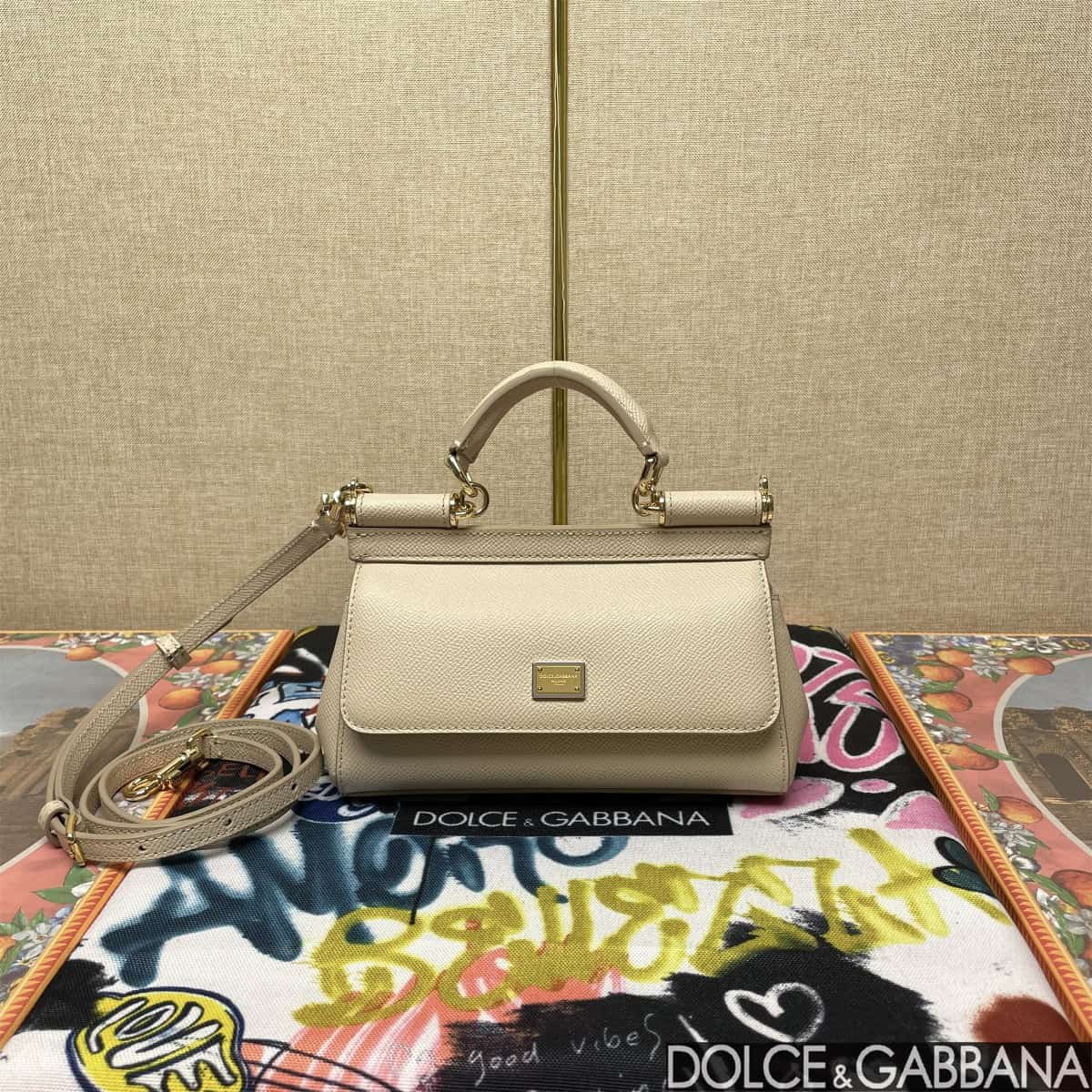 Dolce & Gabbana Miss Sicily top handle bag calfskin leather Beige High