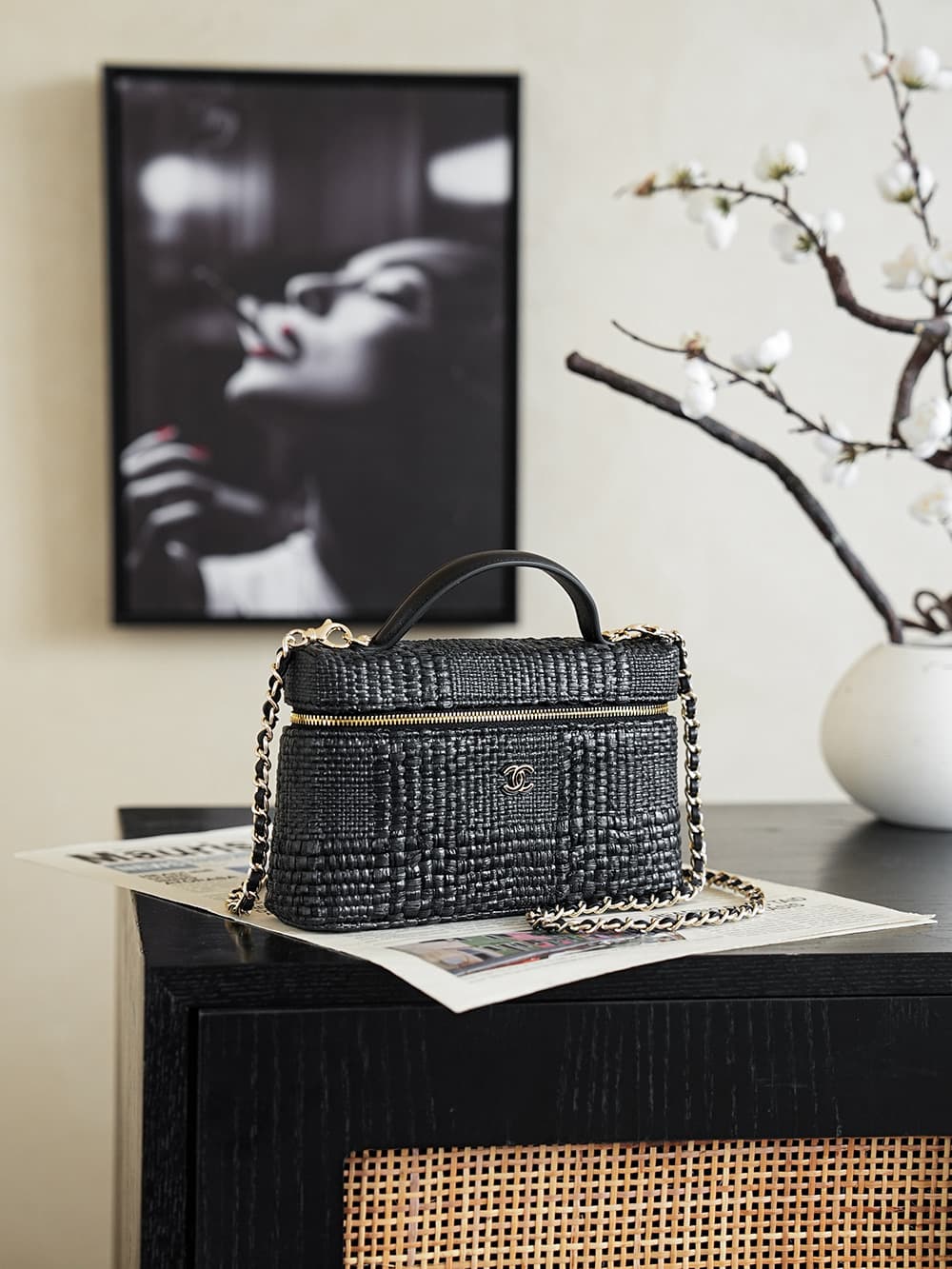 Chanel Classic Vanity with Chain Braided Raffia & Gold-Tone Metal Black AP4385 A