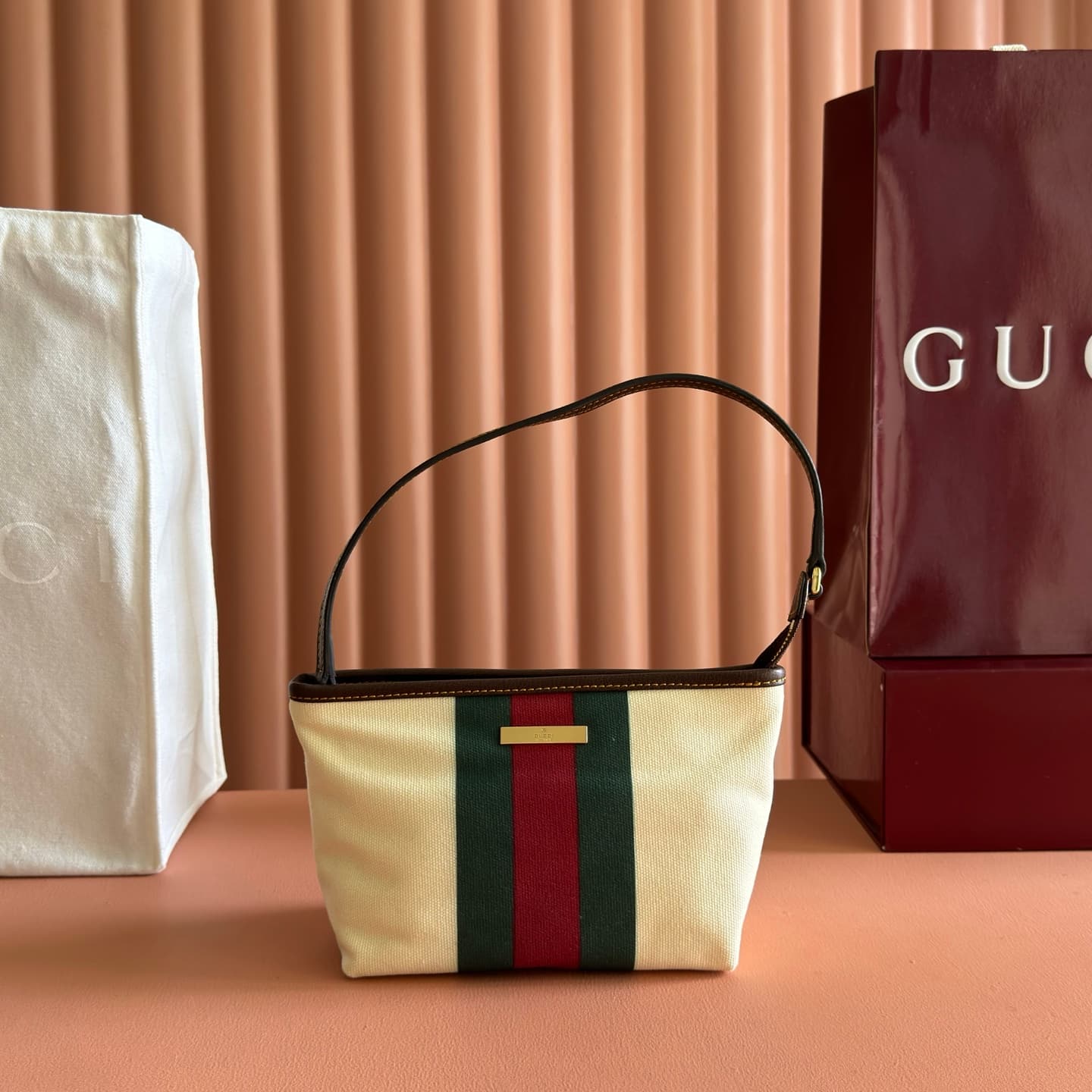 Gucci Small pouch with strap and Web natural canvas A000MM High
