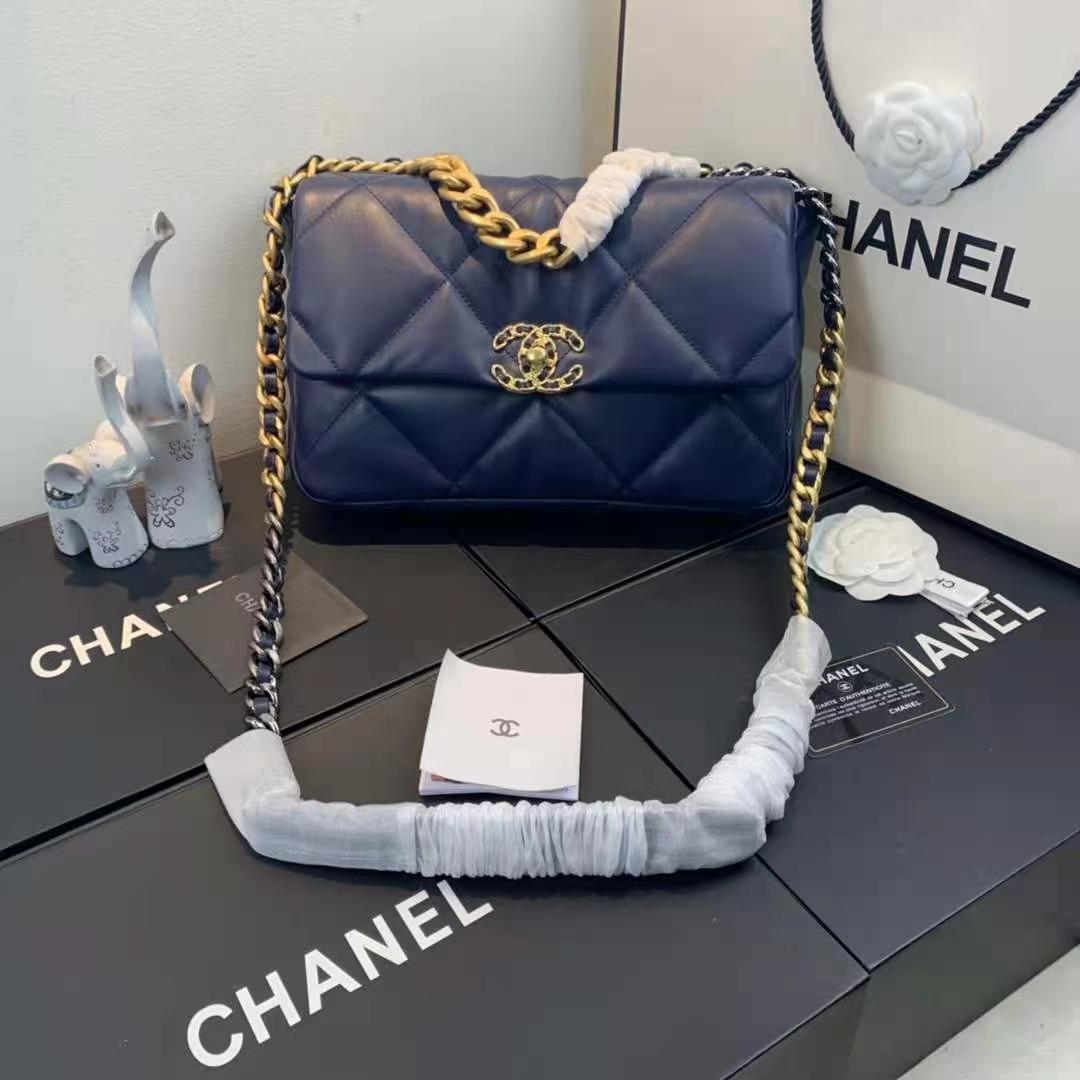Large Chanel 19 Flap Bag Lambskin Navy High