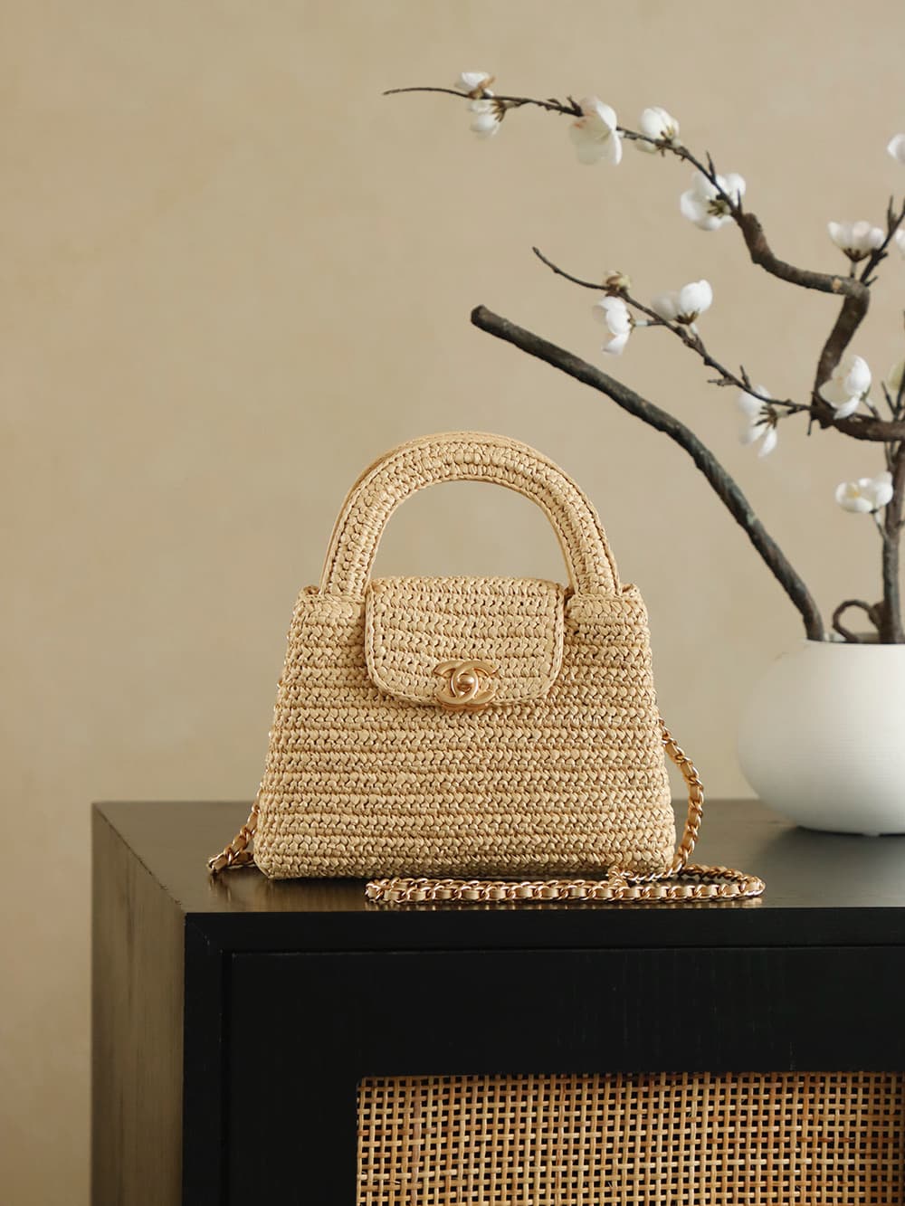 Chanel Mini Shopping Bag Braided Raffia & Gold-Tone Metal Dark Beige AS4416 A