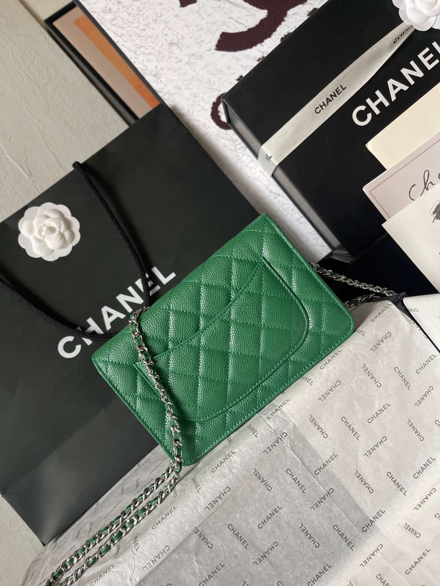 Chanel Classic Wallet on Chain Grained Shiny Calfskin & Silver-Tone Metal AP4241 Green A