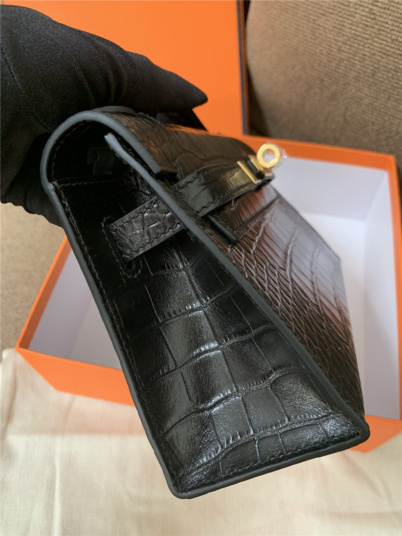 Hermes Kelly Pochette Bag Crocodile Silver/Gold Metal WAX Black High Customizing Style