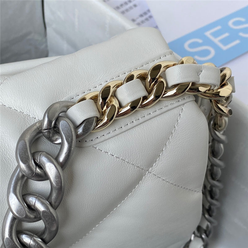 Large Chanel 19 Flap Bag Lambskin White Silver High
