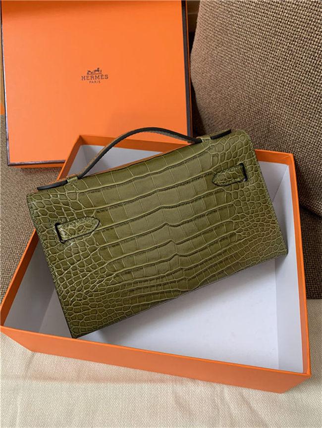 Hermes Kelly Pochette Bag Crocodile Silver/Gold Metal WAX High Customizing Style