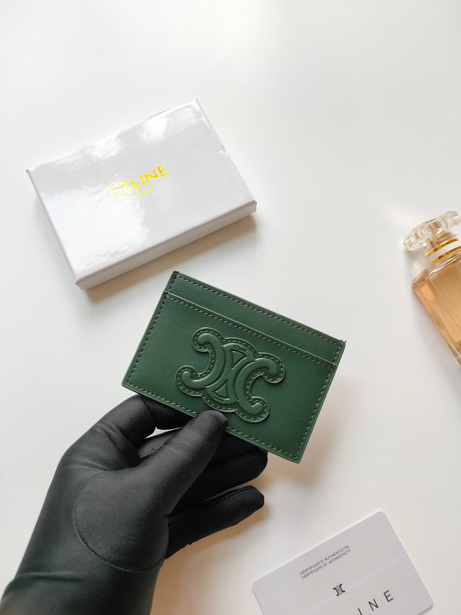 Celine Triomphe card holder in green shiny calfskin leather 10B703 High