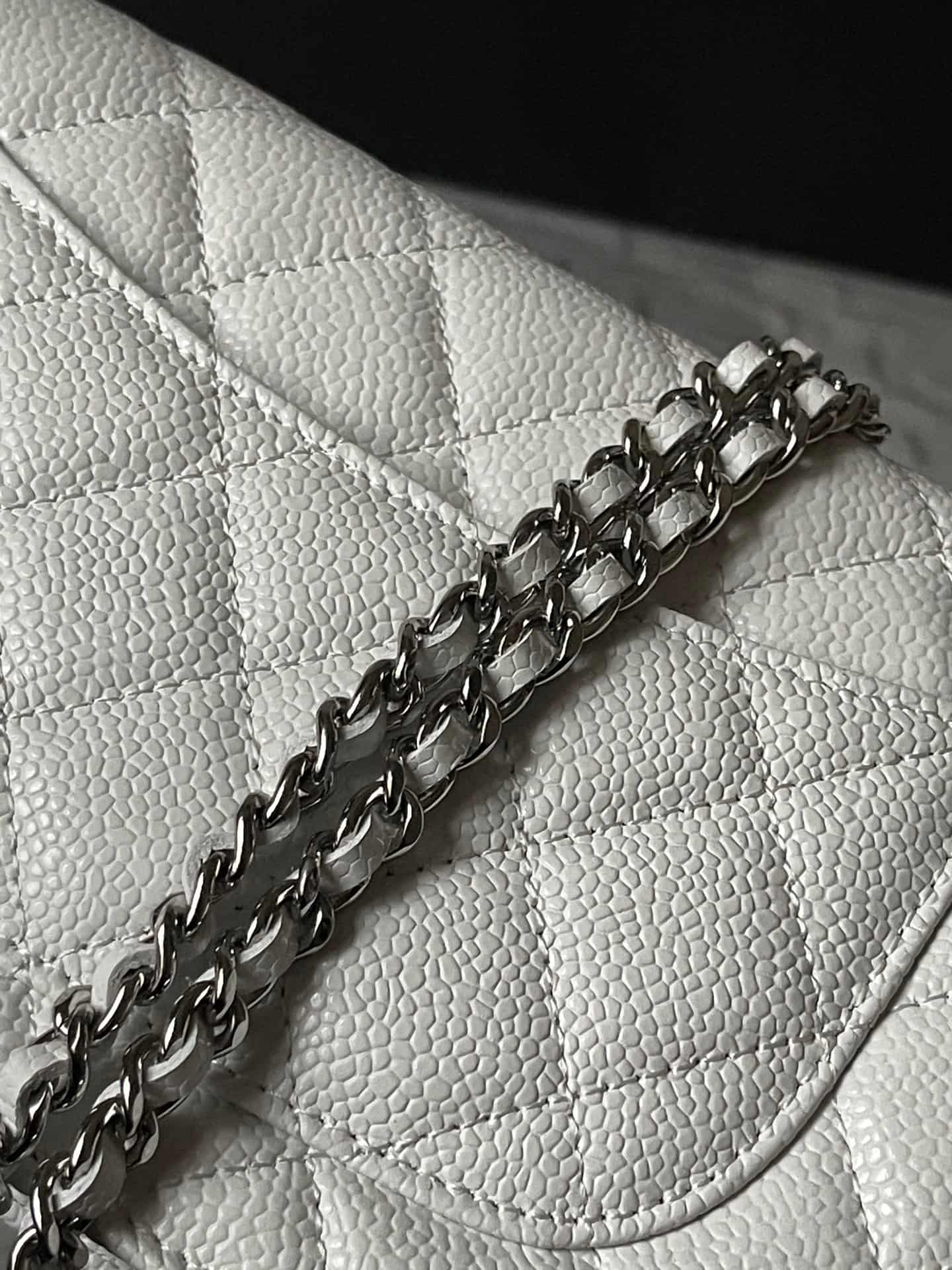 Chanel Classic Wallet on Chain Grained Shiny Calfskin & Silver-Tone Metal AP4241 White A