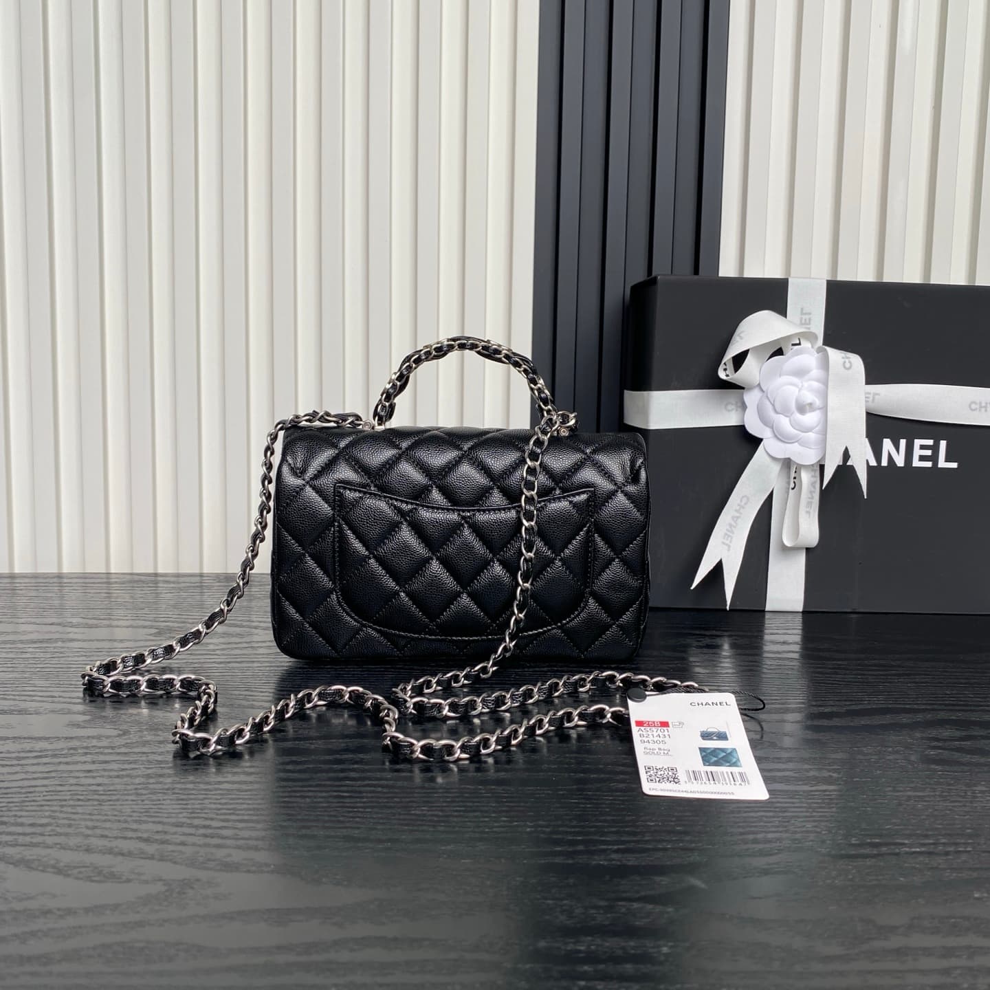 Chanel Mini Flap Bag with Top Handle Grained Shiny Calfskin & Silver-Tone Metal Black AS5702 A
