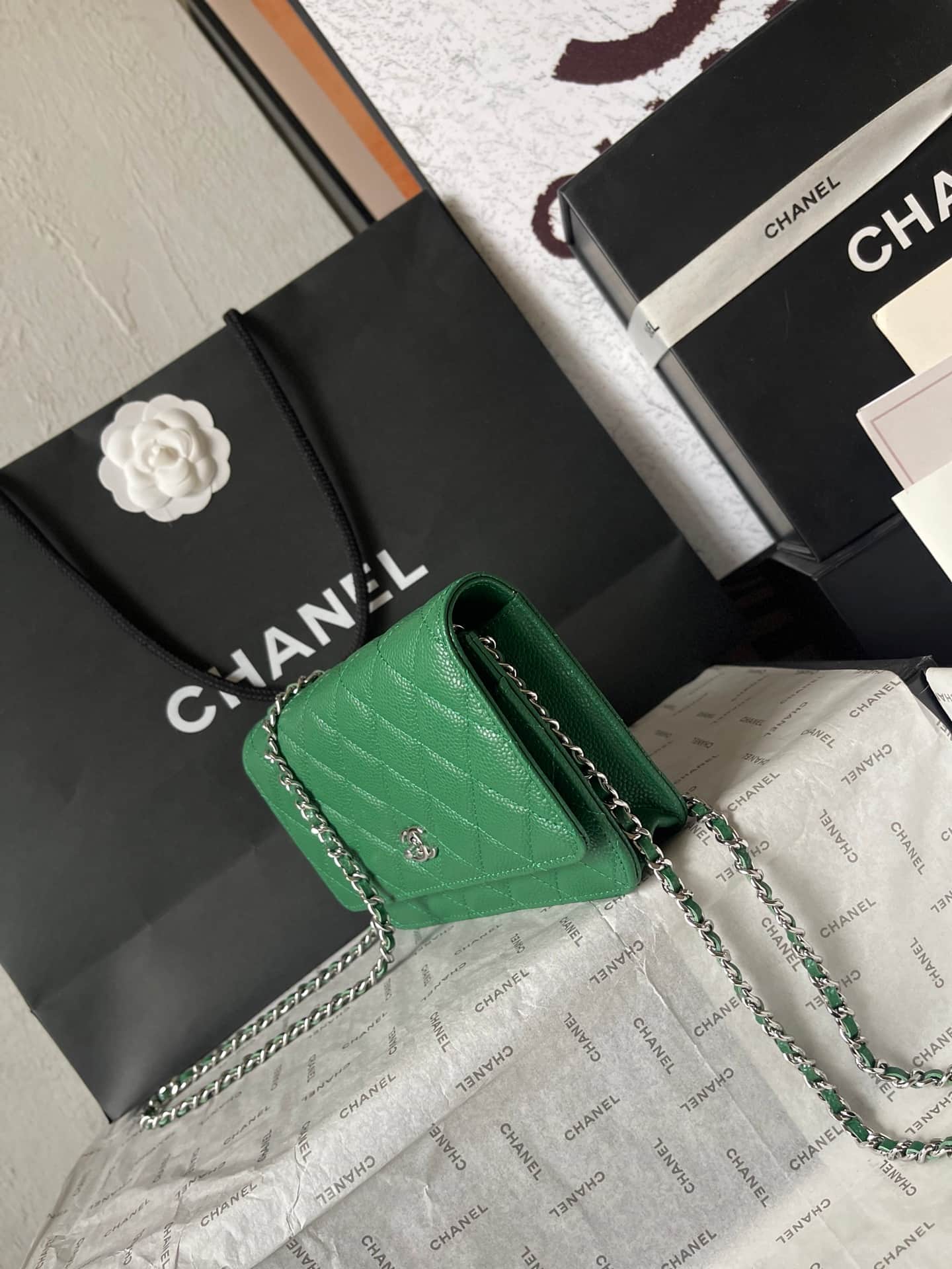 Chanel Classic Wallet on Chain Grained Shiny Calfskin & Silver-Tone Metal AP4241 Green A