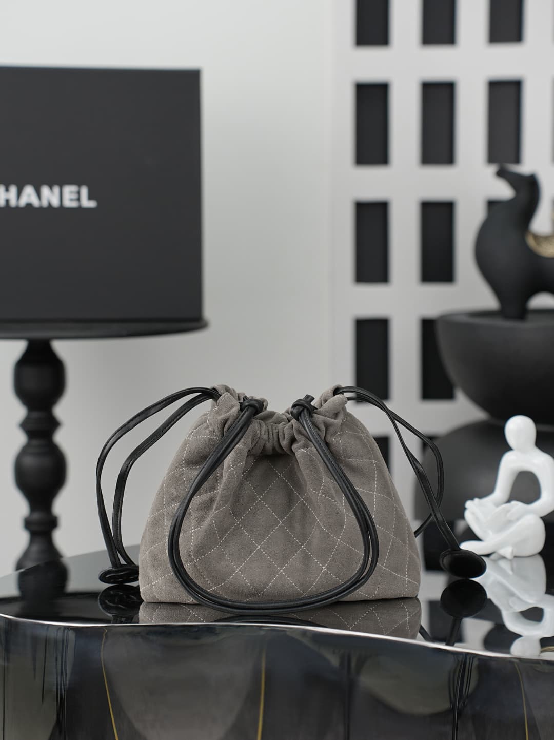 Chanel Clutch with Leather Strap grey quilted suede & Gold-tone Metal AP5228 A