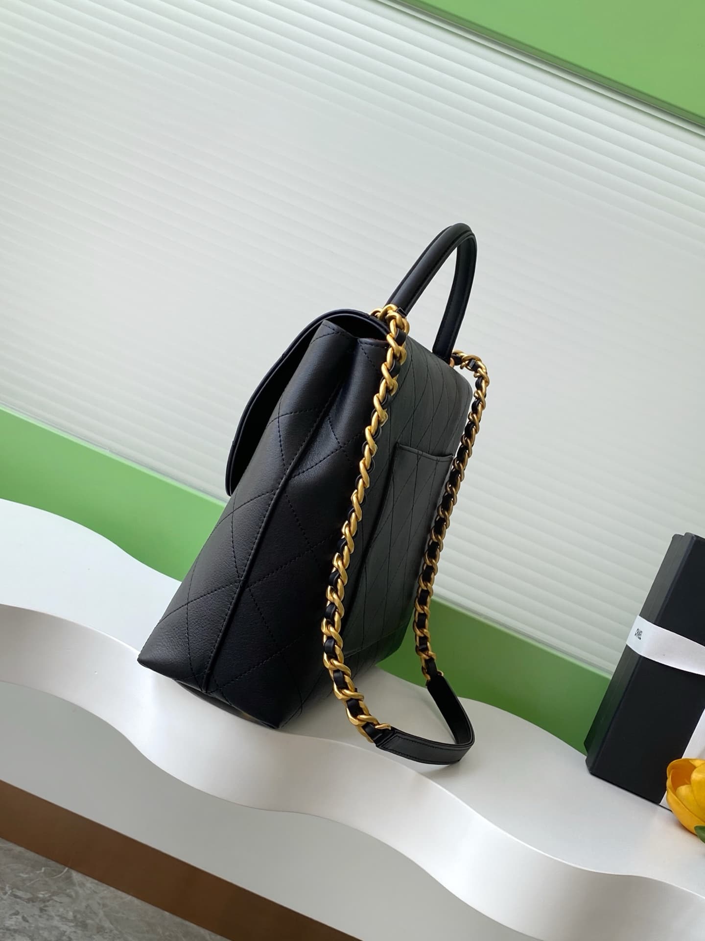 LARGE FLAP BAG WITH TOP HANDLE Calfskin & Gold-Tone Metal Black AS5447 A