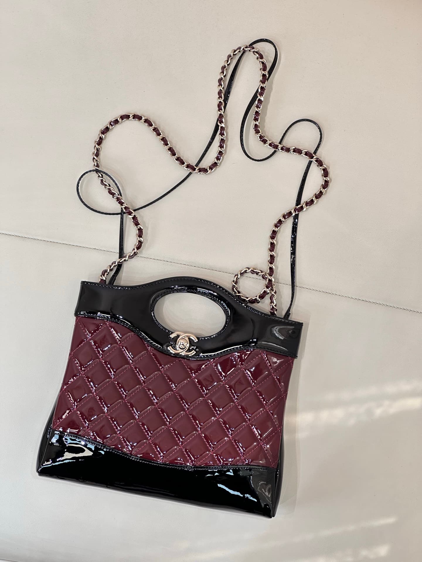 CHANEL 31 Mini Shopping Bag Quilted Patent Leather & Gold-Tone Metal AS4133 Black/Burgundy TOP