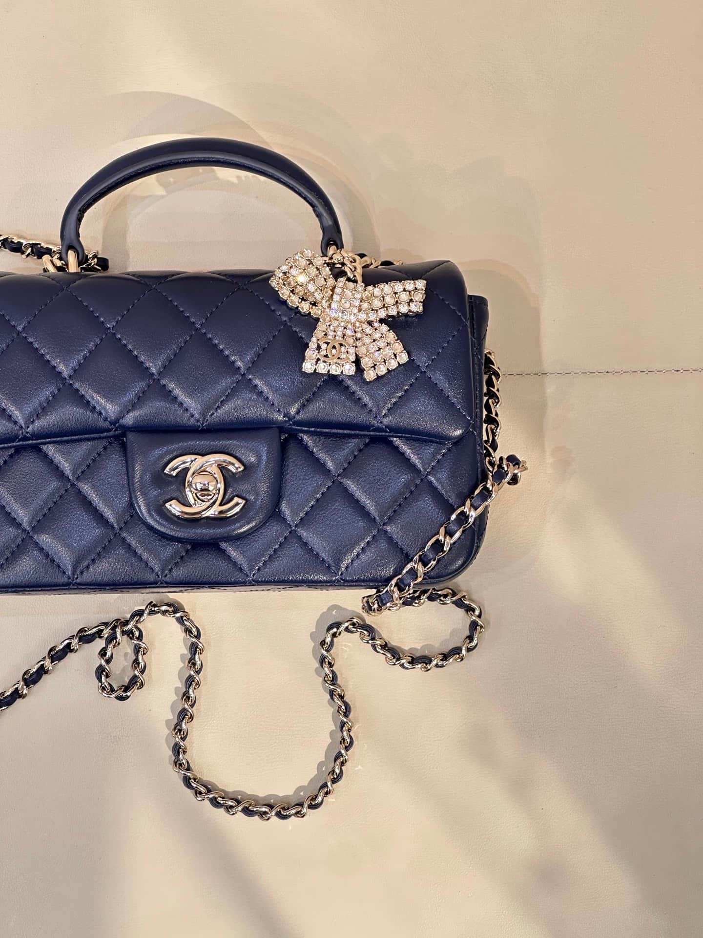 Chanel Mini Classic Handbag Lambskin Strass & Gold-Tone Metal AS2431 dark blue TOP