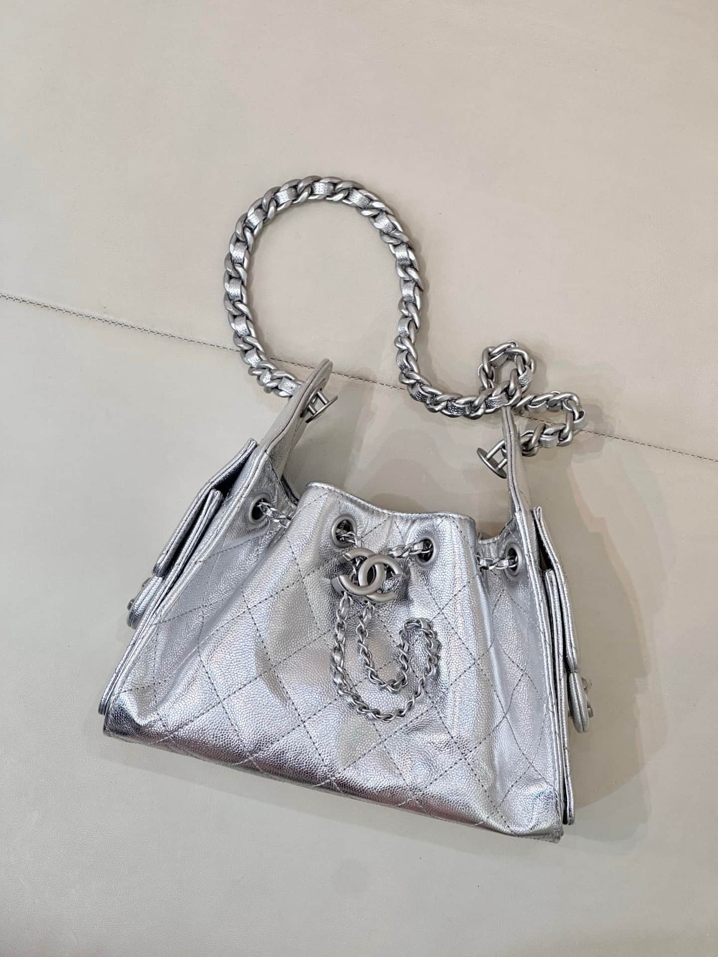 CHANEL 25 Mini Handbag AS5631 Grained Calfskin & Silver-tone Metal Silver TOP