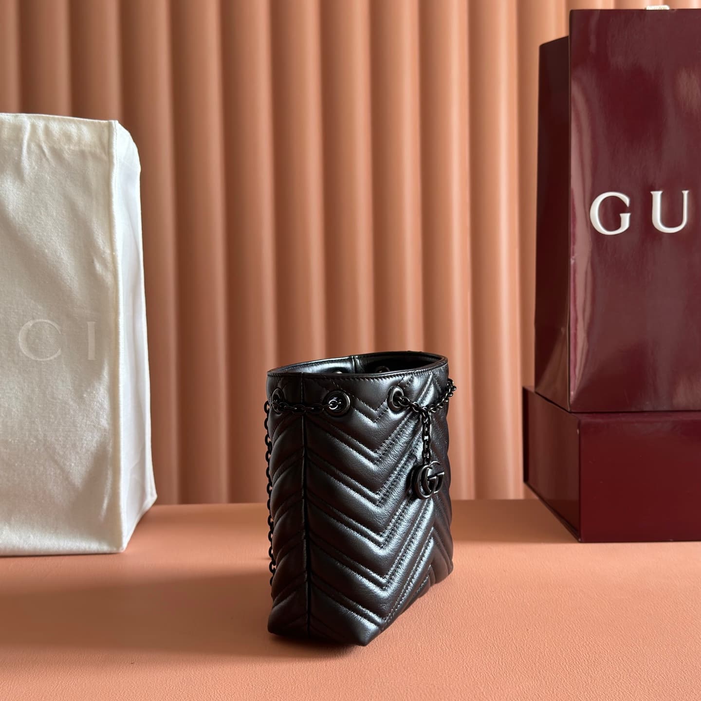 Gucci GG Marmont Nano Bucket Bag Black Matelassé Chevron Nappa Leather ‎856404 High