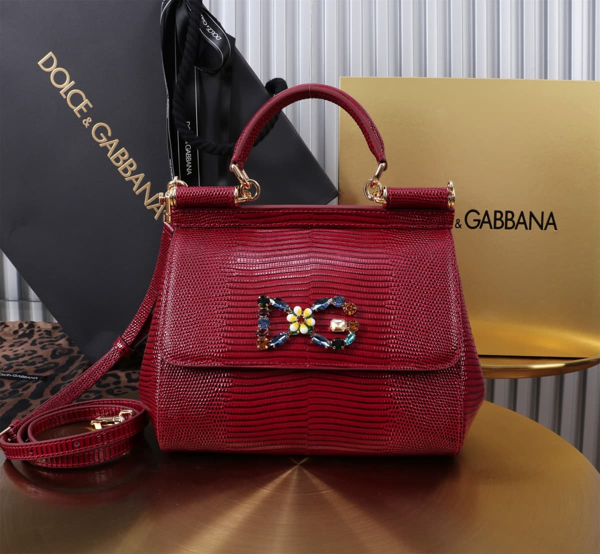 Sicily Handbag 20cm in Iguana Print Calfskin and Crystal DG Logo Patch High