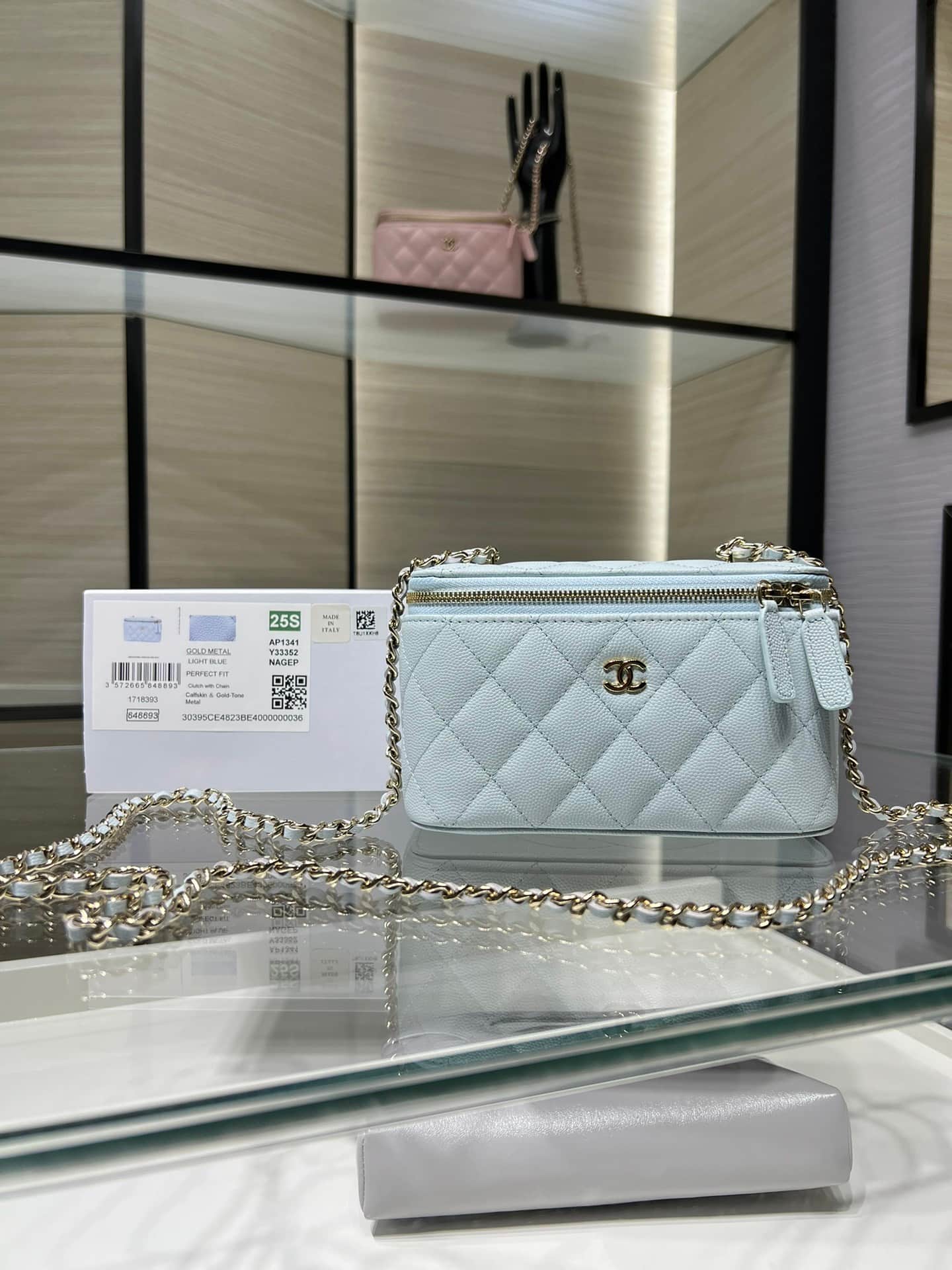 Chanel Classic Long Vanity with Chain Grained Calfskin & Gold-Tone Metal Light Blue AP1341 High