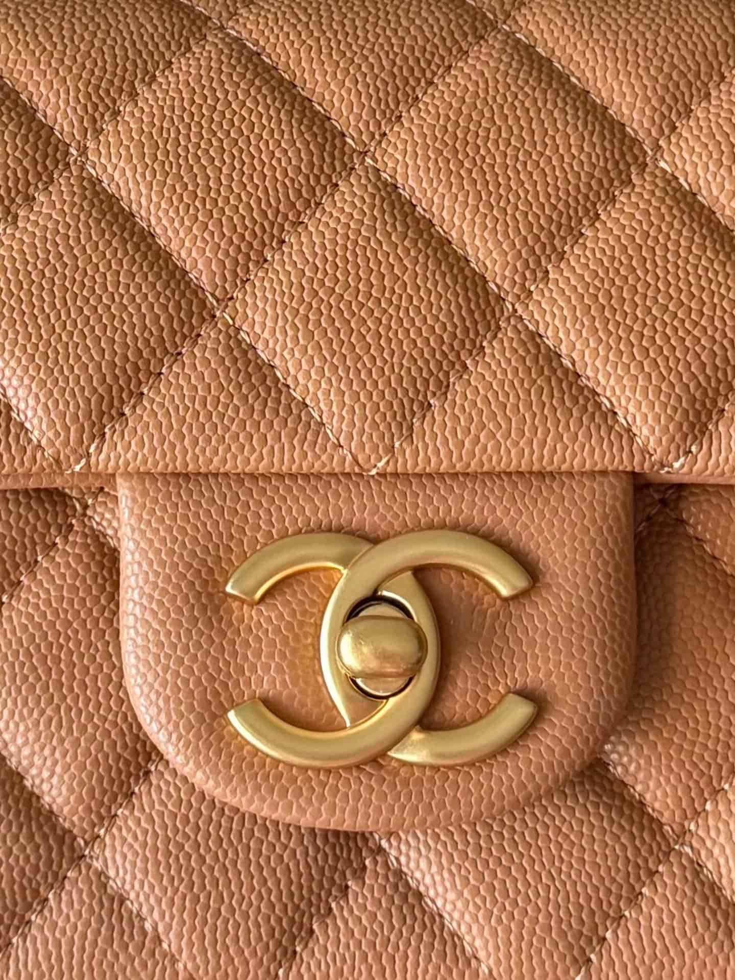 Chanel Mini Flap Bag with Top Handle Grained Shiny Calfskin & Gold-Tone Metal Caramel AS5701 TOP