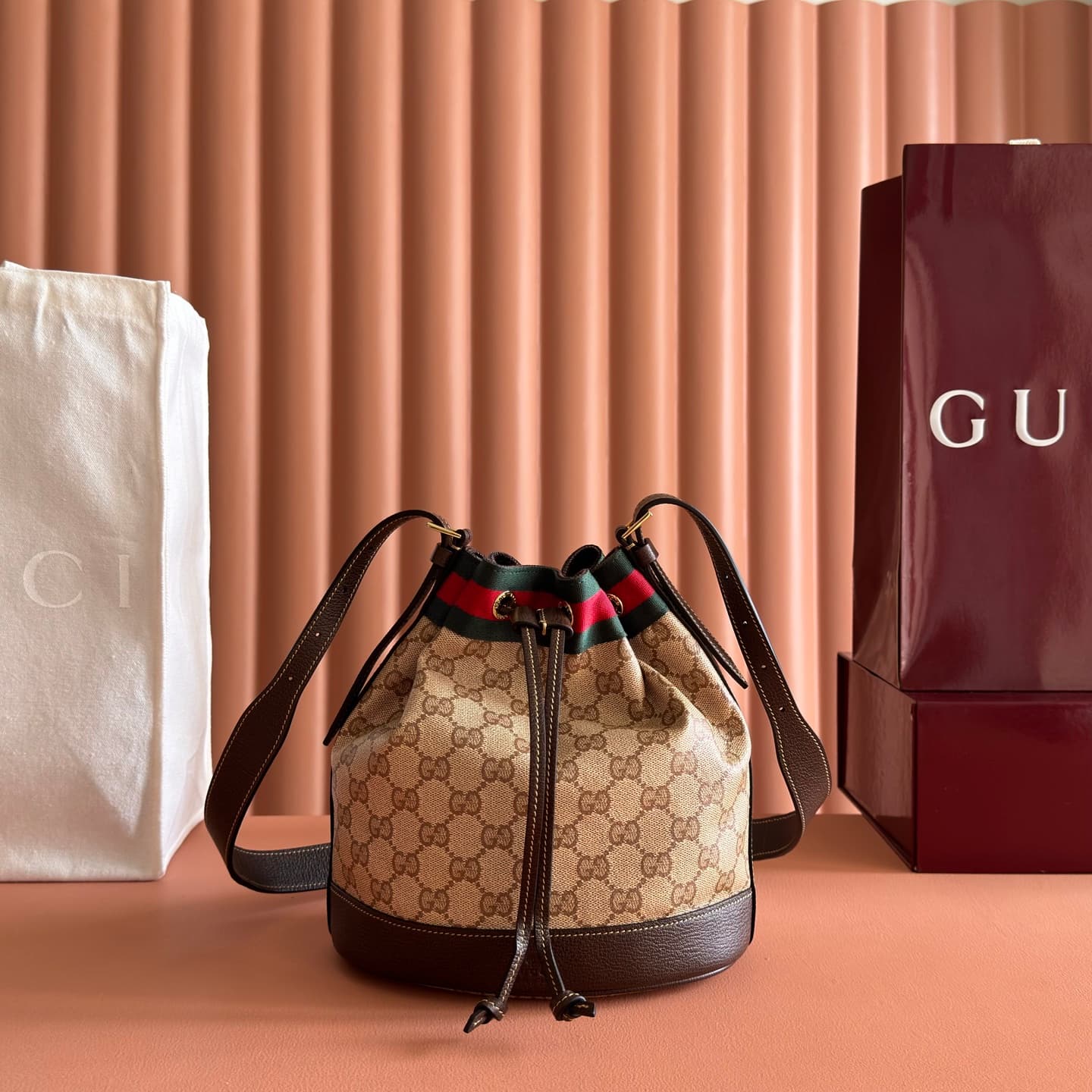 Gucci Mini bucket bag with Web Sand and dark brown GG coated canvas 876060 High