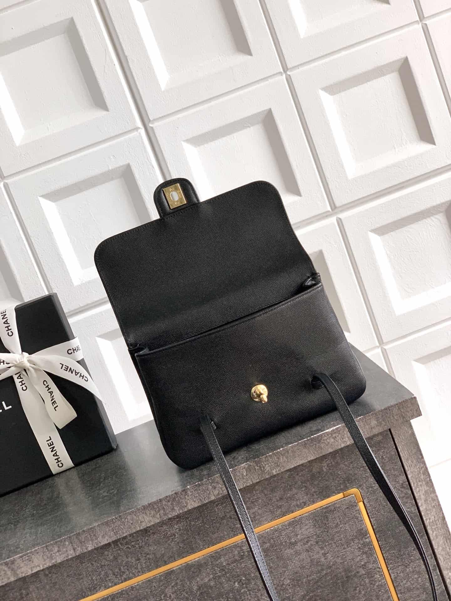 Chanel Clutch with Leather Strap Grained Shiny Calfskin & Gold-Tone Metal Black 5809 High