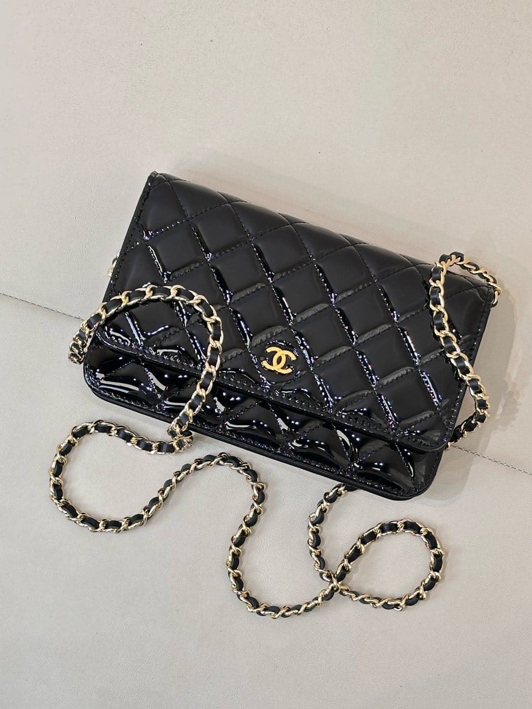 Chanel Wallet on Chain Patent Calfskin& Gold-tone Metal AP0250 Black TOP
