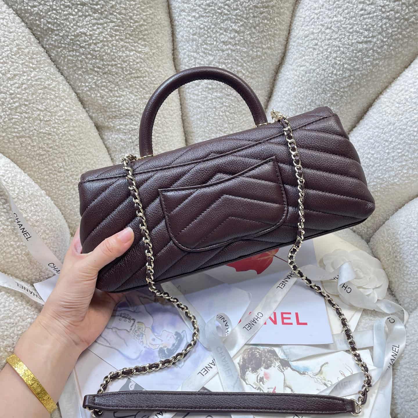 Chanel Maxi Flap Bag with Top Handle Calfskin& Gold-Tone Metal AS6091 Dark Brown A
