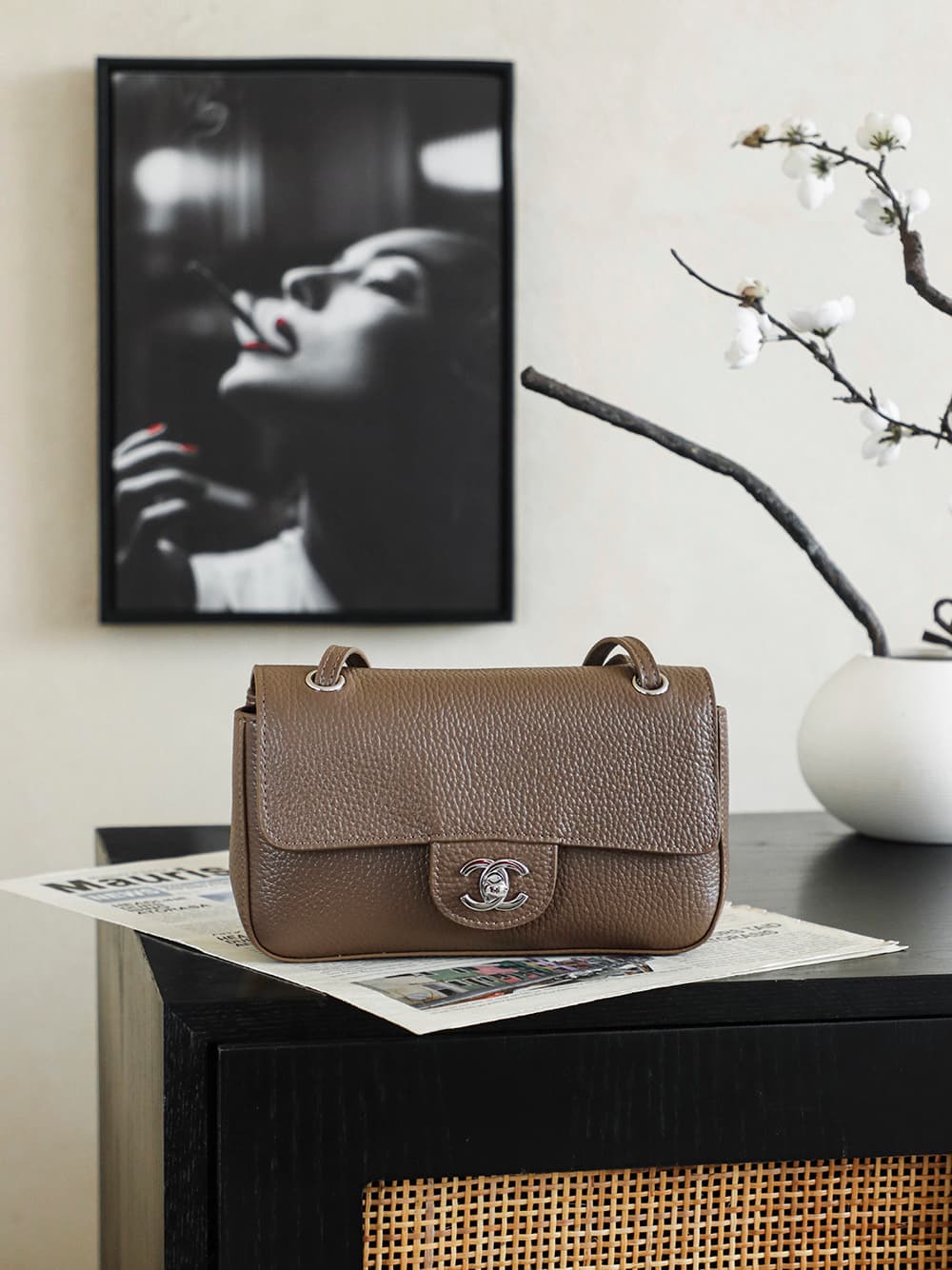 CHANEL Mini flap bag Grained Calfskin&Silver-tone metal Brown AS6573 A