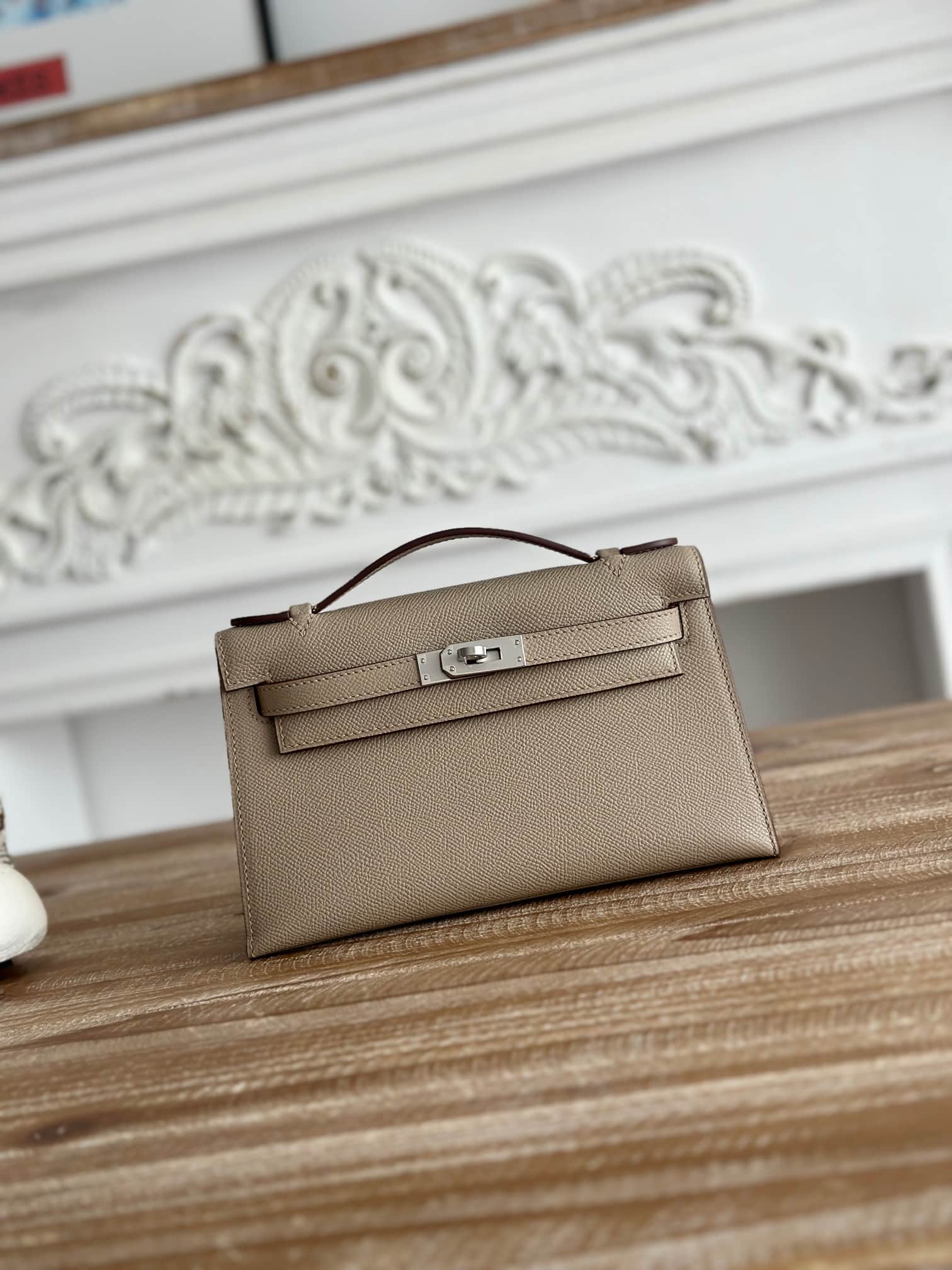 Hermes Kelly Pochette Bag Epsom Leather Silver/Gold Metal Trench WAX High