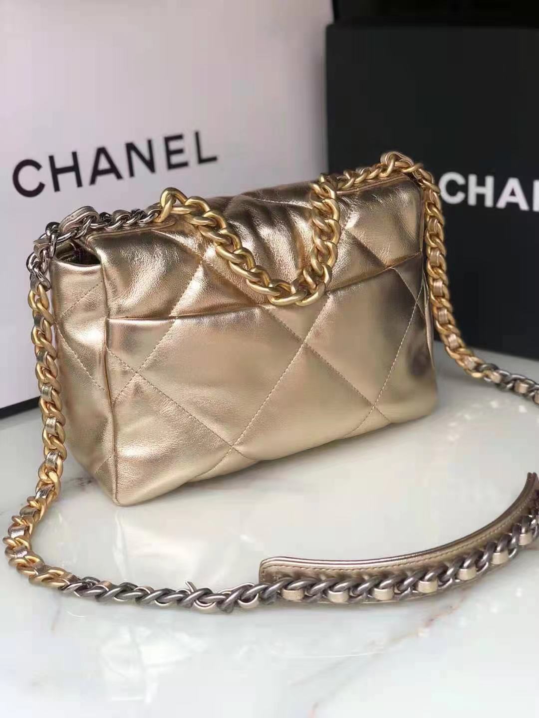 Chanel 19 Flap Bag Lambskin Champagne High