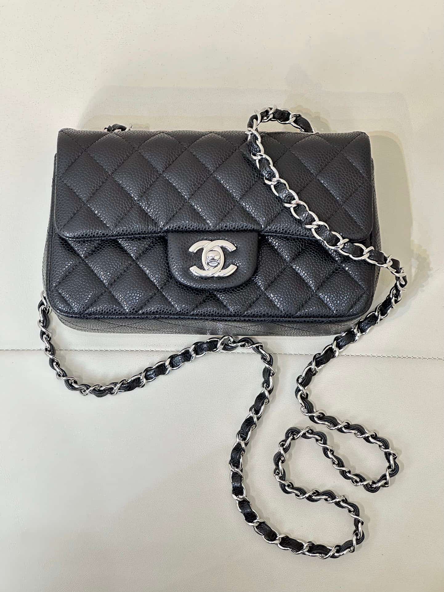 CHANEL Mini Classic Handbag Grained Calfskin & Silver-tone Metal A69900 Black TOP