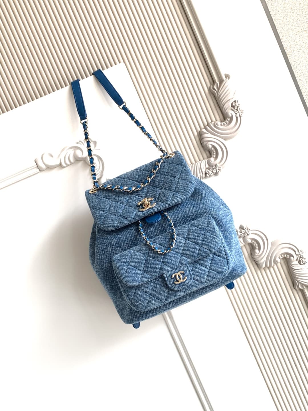 Chanel Large Backpack Washed Denim & Gold-Tone Metal Blue AS3618 A