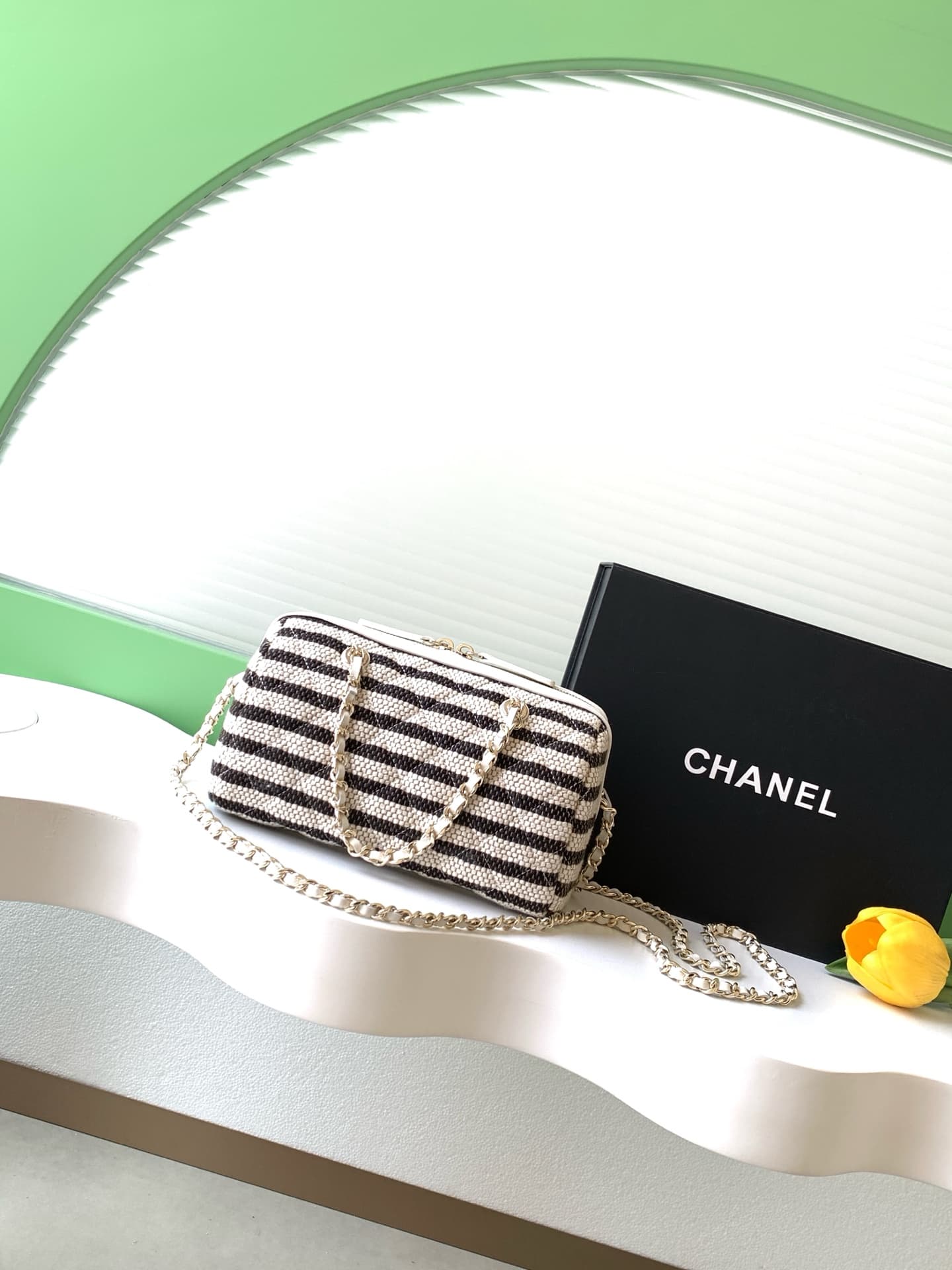Chanel Clutch with Chain Printed Fabric & Gold-Tone Metal Beige & Light Black AP4986 A