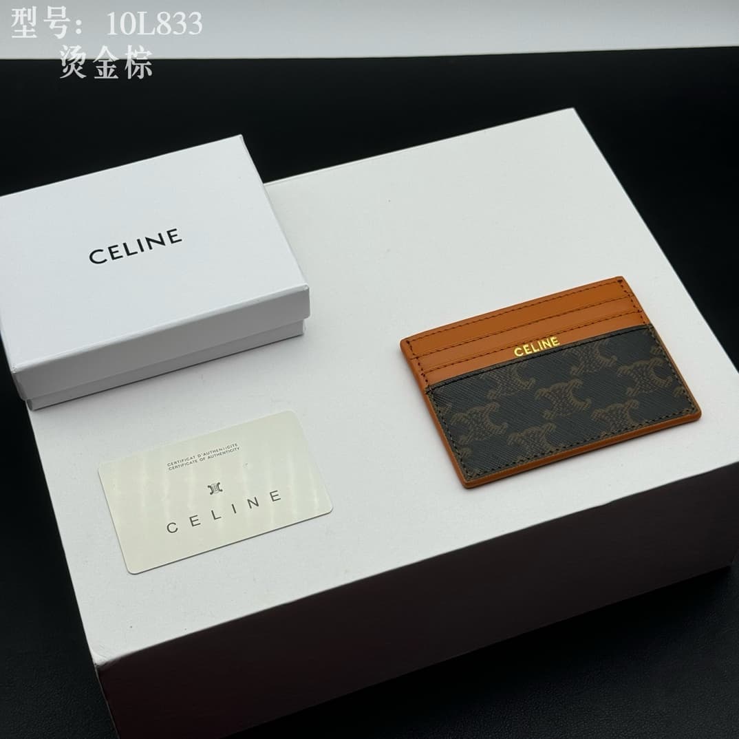 Celine Triomphe Canvas and Calfskin card holder in Caramel High