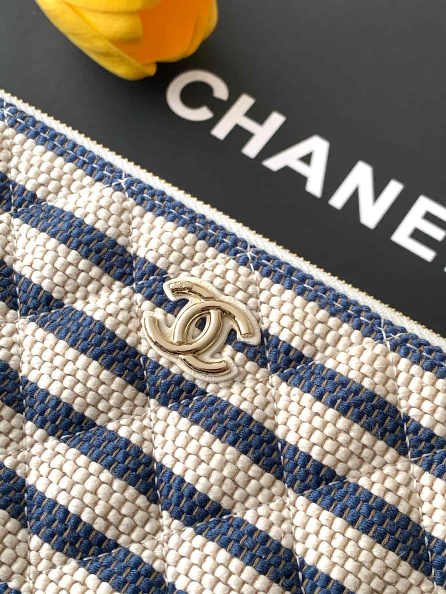 Chanel Zipped Case Printed Fabric & Gold-Tone Metal Blue & White AS4988 A