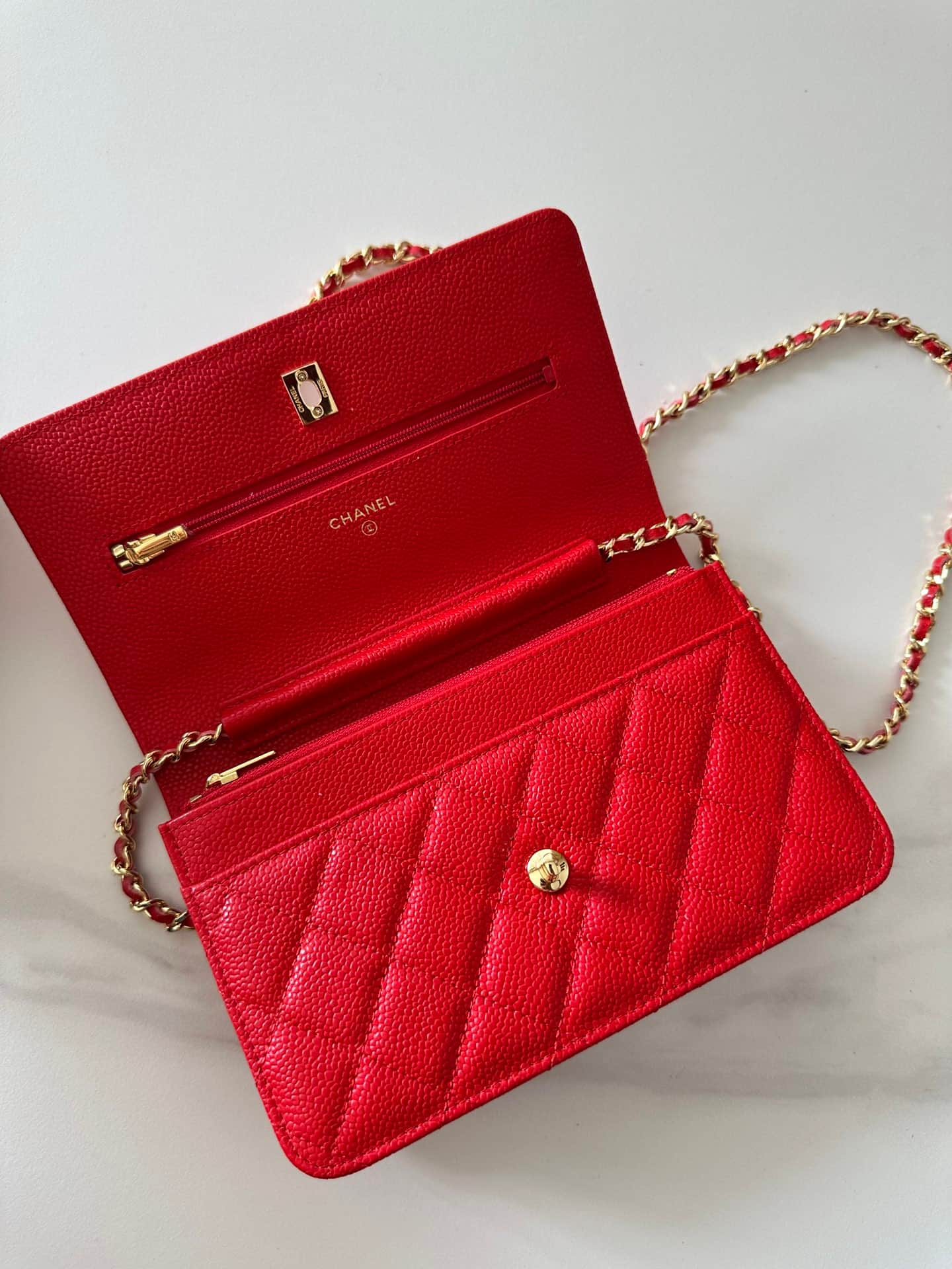 Chanel Classic Wallet on Chain Grained Shiny Calfskin & Gold-Tone Metal AP4241 Red High