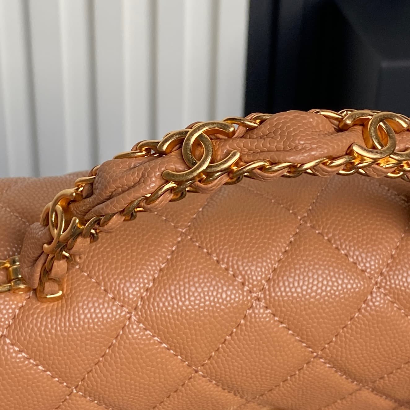 Chanel Mini Flap Bag with Top Handle Grained Shiny Calfskin & Gold-Tone Metal Tan AP4798 A