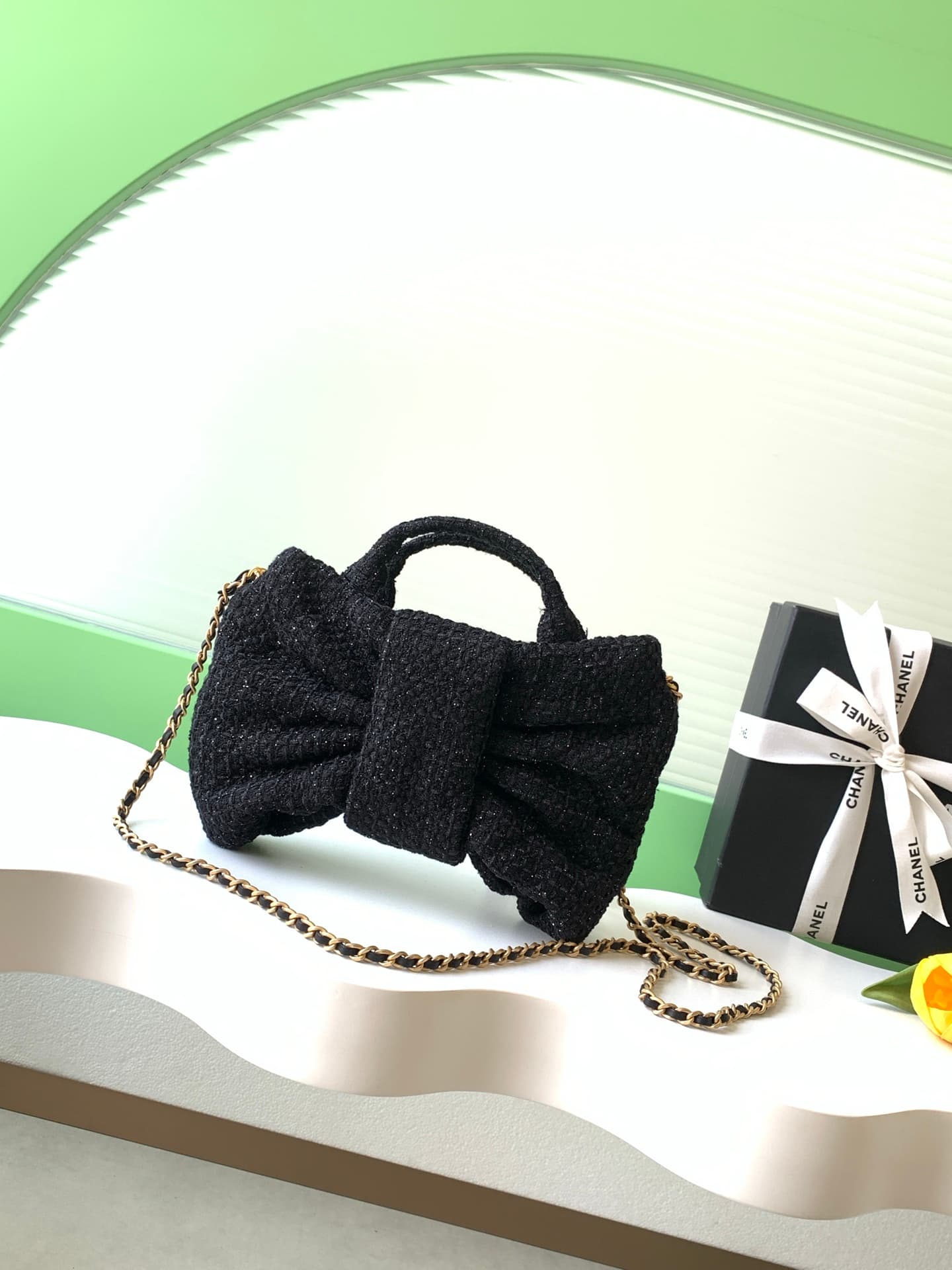 Chanel Mini Bow Bag Tweed & Gold-Tone Metal Black AS5849 A
