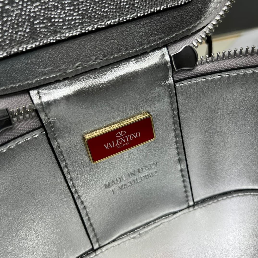 Valentino Garavani VLogo Signature Mini Vanity Bag in Silver Calfskin Mid
